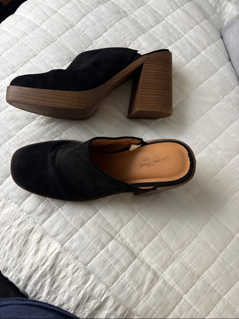 Universal Thread Black Suede Block Heel Mules with Brown Stacked Heel